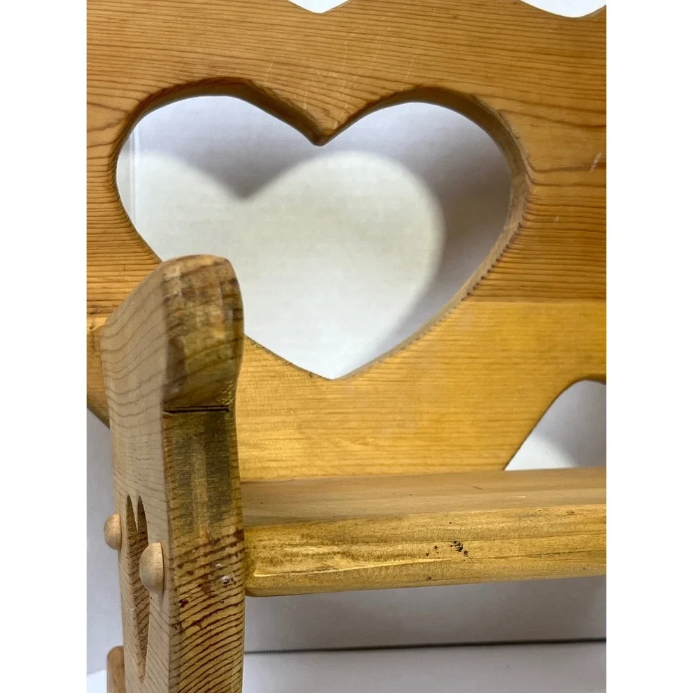 Vintage Wooden Cottagecore Rocking Bench Heart Cutouts Pine  Natural Finish